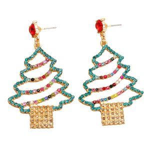 Green & Red Crystal Christmas Tree Long Earrings